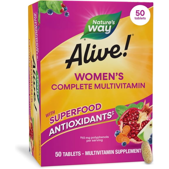 Nature's Way Alive Complete Multivitamin for Women, Daily Womens Vitamin Supports Cellular Energy Metabolism, Hair, Skin ,Nails, B-Vitamins, with Superfood Antioxidants, 50 Tablets