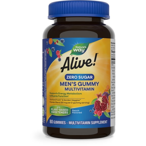 Natures Way Alive! Men's Zero Sugar Multivitamin Gummies, Energy Metabolism*, B-Vitamins, 80 Count