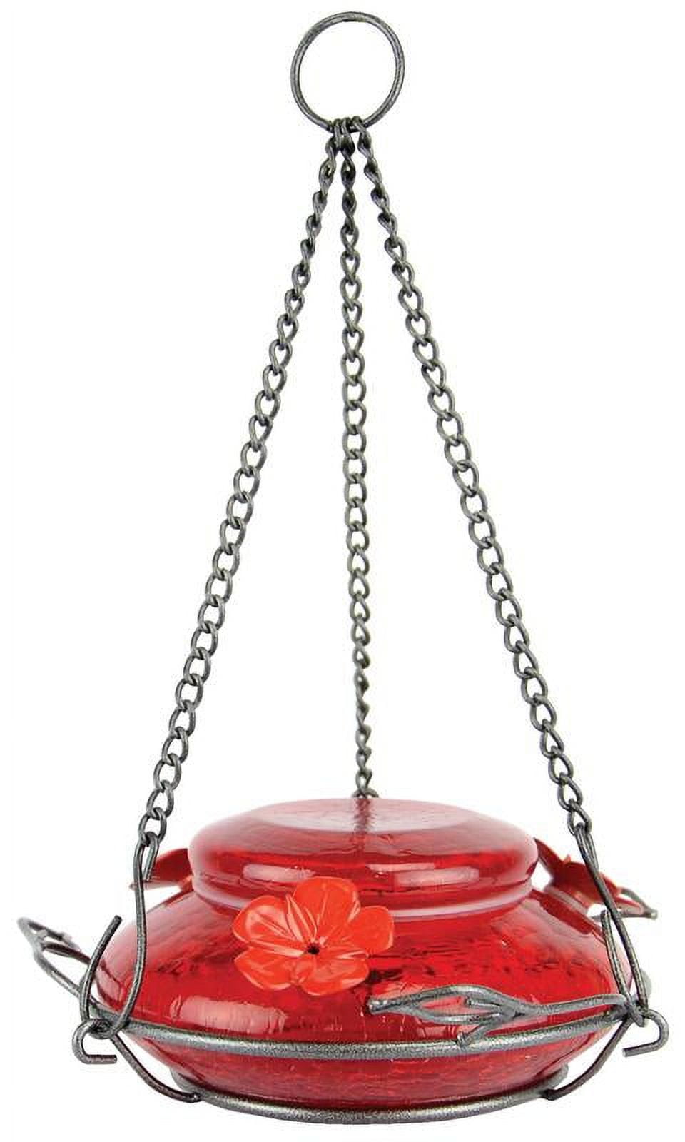 Red Hand Blown Glass Hanging Hummingbird Feeder with Metal Chains