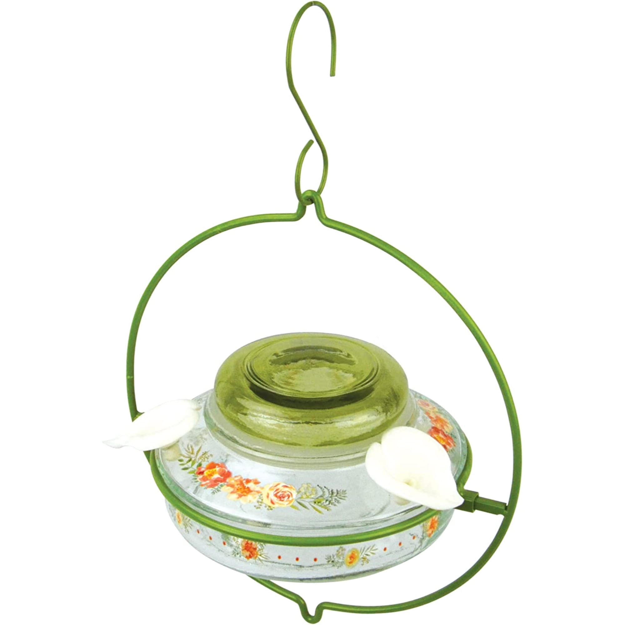 Green Floral Glass and Metal Hanging Hummingbird Feeder