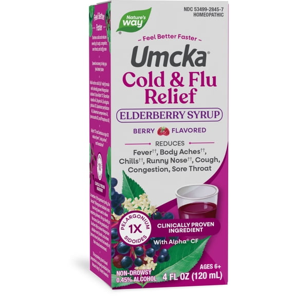 Nature's Way Umcka Cold & Flu Relief Elderberry Syrup, Non-Drowsy, Berry Flavored, 4 Fl Oz