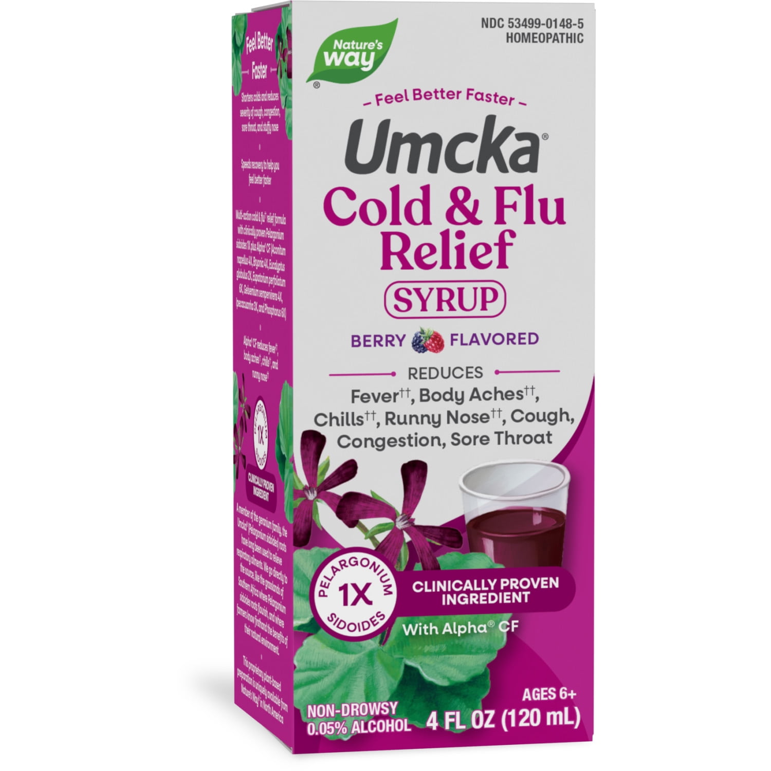 Nature's Way Cold + Flu Relief Syrup, Umcka, Non-Drowsy, Berry Flavored, Unisex, 4 Fl Oz