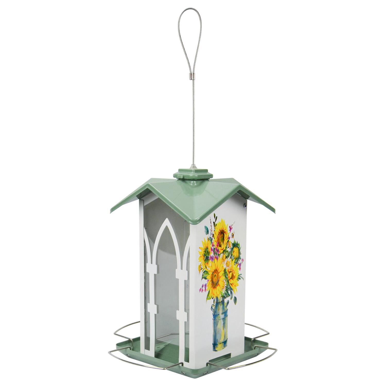 White and Green Metal Hanging Gazebo Bird Feeder with Floral Design