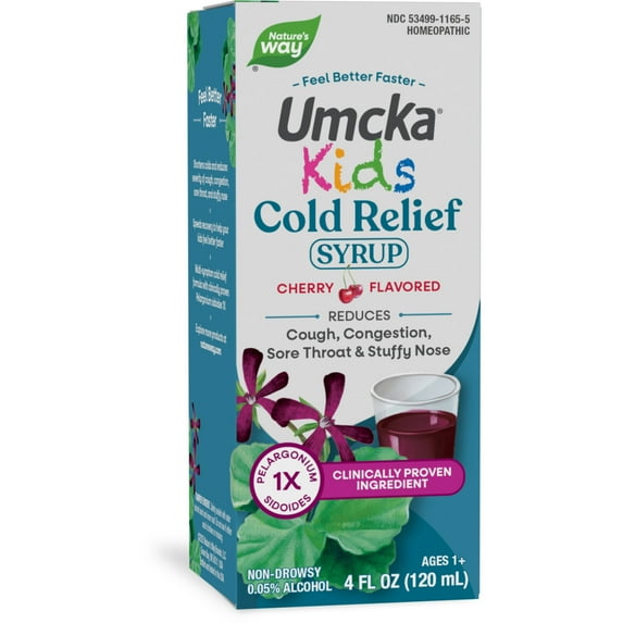 Nature's Way Kids Umcka Cold Relief Syrup, Ages 1+, Multi-Symptom Cold Relief, Cherry Flavored, 4 Oz