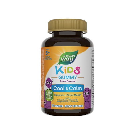 Nature's Way Kids Cool & Calm Gummies, Supports a Calm Mood in Kids Ages 8+*, Lemon Balm, Magnesium, Vitamin B6, L-Theanine, Grape Flavored, 40 Vegetarian Gummies