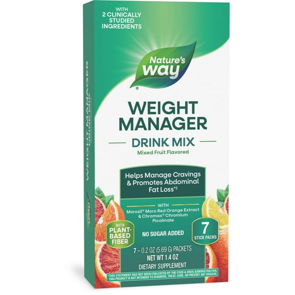 Nature's Way Weight Manager Drink Mix Packs, Plant-Based Fiber, Mixed Fruit Flavored, Unisex, 7ct