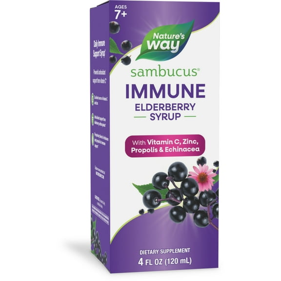 Nature's Way Sambucus Elderberry Immune Syrup, Zinc & Vitamin C, Dietary Supplement, Unisex, 4 fl oz