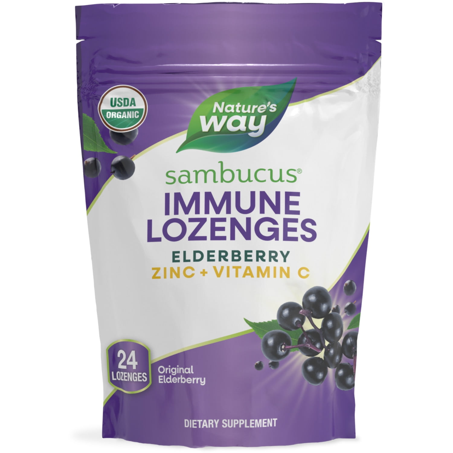 Nature's Way Sambucus Immune Lozenges, Elderberry,  Zinc + Vitamin C, Organic, Unisex, 24ct