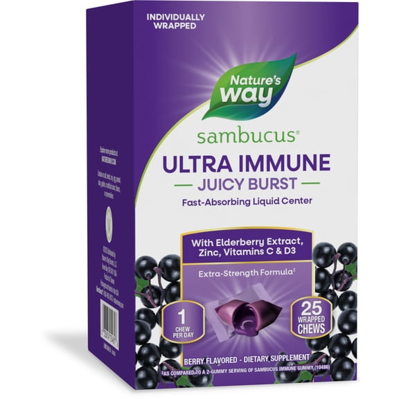 Natures Way Sambucus Ultra Immune Juicy Burst Chews, Immune Support*, Elderberry Extract, 25 Count