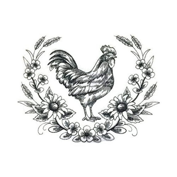 Nature weaved in threads, Rooster[Rooster Sketch Wreath ] [] Embroidered Iron on/Sew patch [7.75"5.87"] 