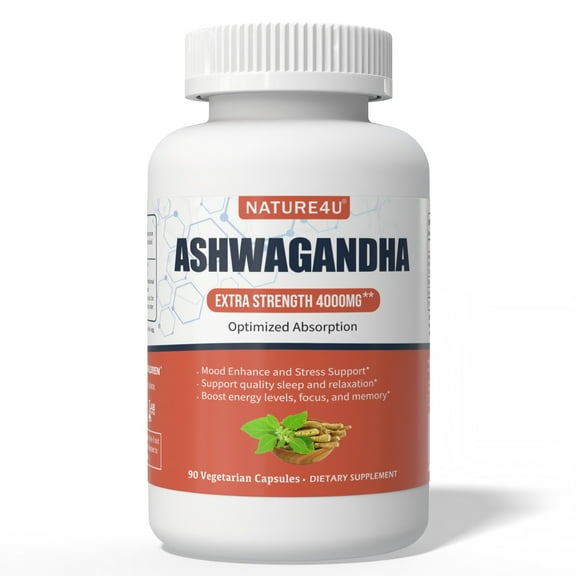 Nature4U Ashwagandha 4000mg Extra Strength, Natural Mood & Stress Support, 90 Capsules