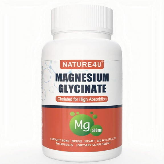 Nature4U Magnesium Glycinate 500mg, 90 Capsules, Chelate for High Absorption Magnesium Supplement for Sleep, Muscle, Heart, Never and Bone Support