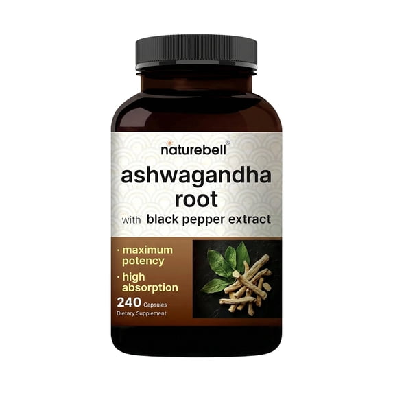 NatureBell Ashwagandha Root with Black Pepper Extract - 240 Capsules - High Strength Adaptogen for Calmness, Relaxation & Immune Support - 120 Servings