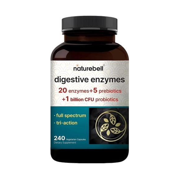 NatureBell Digestive Enzymes - 240 Capsules - Gut & Digestive Health Support Supplement - With 20 Enzymes, 5 Prebiotics & 10-Strand Probiotic Blend - 120 Servings