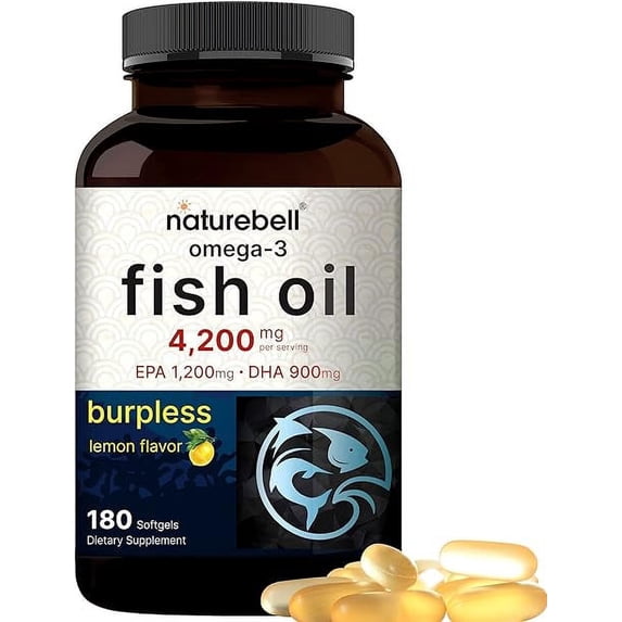 NatureBell Omega 3 Fish Oil 4,200mg, 180 Burpless Softgels, Highly Purified EPA 1,200mg & DHA 900mg | Lemon Flavored