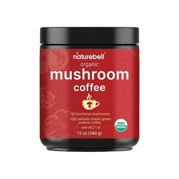 NatureBell Organic Mushroom Coffee - 12 oz - Superfood Blend for Energy Support - Brain & Immune Health Support - Includes Lion's Mane, Shiitake, MCT Oil, Arabica Beans & More - 85 Servings