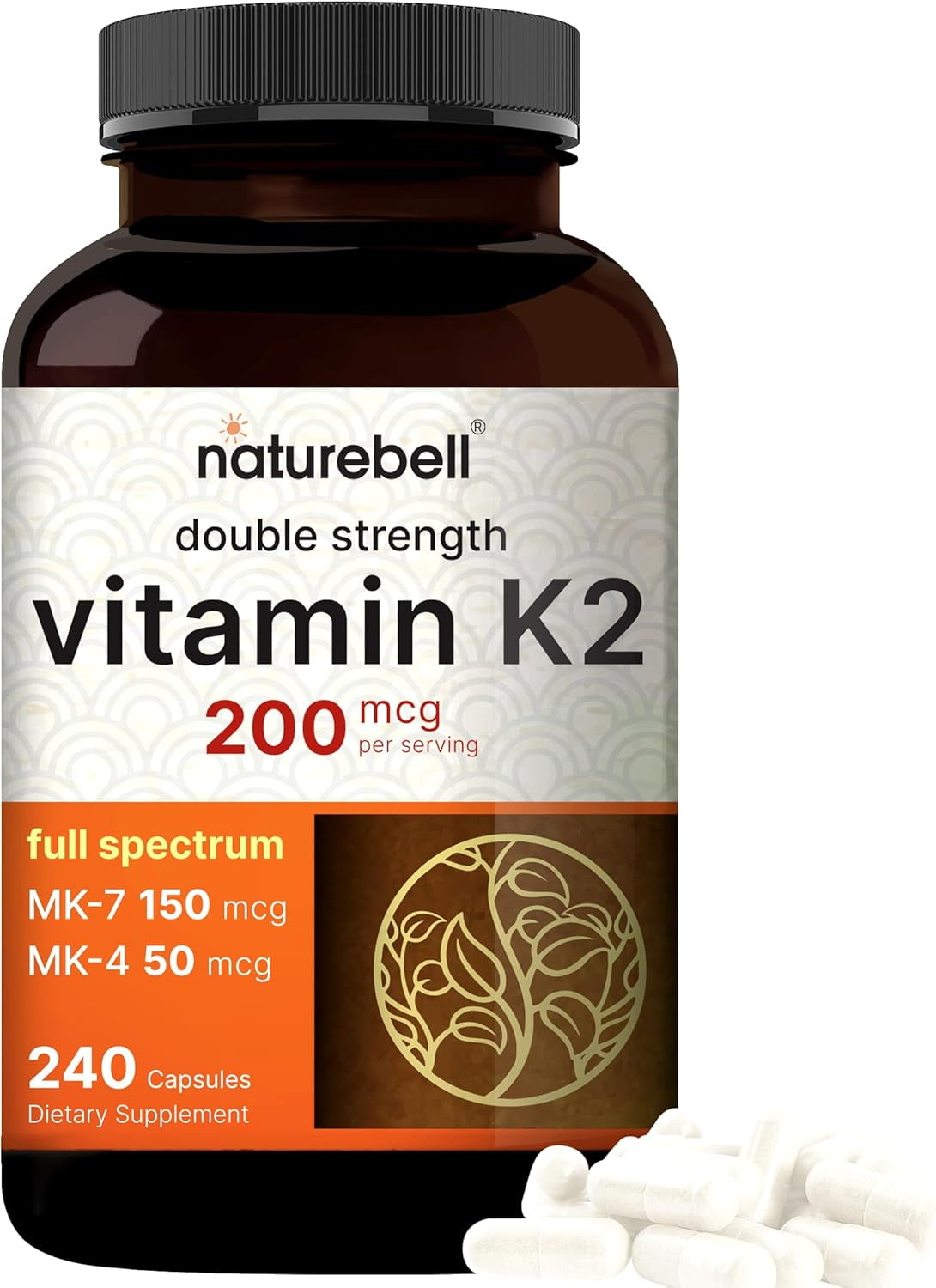 Vitamin K2 Supplement with MK-7 & MK-4, 200 mcg, 240 Capsules | 2 in 1 Formula, K Vitamins Complex  Supports Bone, Joint, and Heart Health  Non-GMO