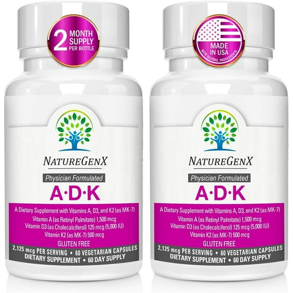 NatureGenX ADK Vitamin Supplement - Vitamins A, D3 & K2 for Bone Support, Gluten-Free, 60 Capsules (2-Pack)