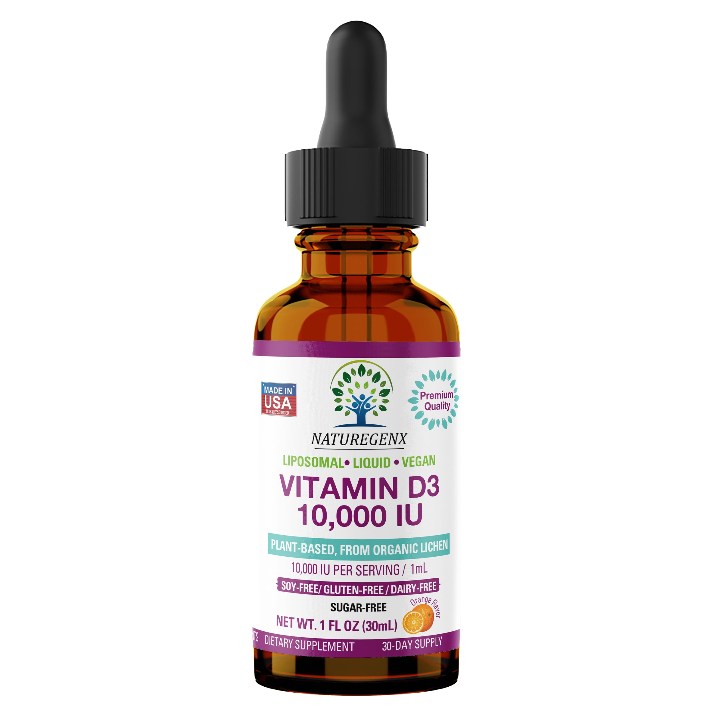 NatureGenX Vegan Vitamin D3 Liquid Drops – 10,000 IU Plant-Based Supplement for Immune Support & Bone Health – Non-GMO, Gluten-Free, Orange Flavor – 30ml (30 Servings)