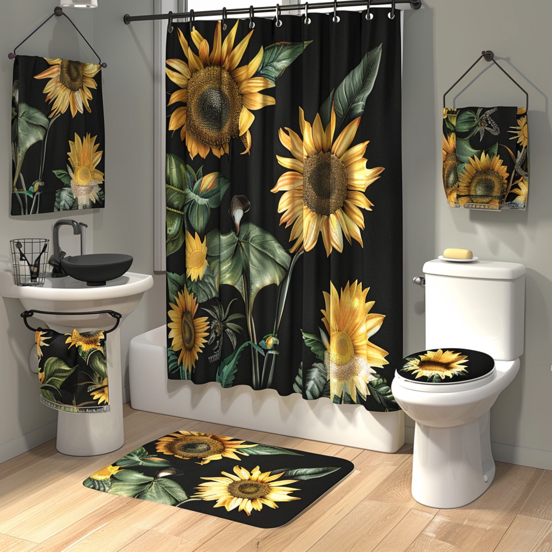 NatureInspired Black Sunflower Bathroom Set With Mushroom Accent NatureInspired Black Sunflower Bathroom Set With Mushroom Accent Elegant Decor With Yellow And Green Floral Design 886f0afb 5892 4c8b 9ad5 1b0d0d224d02.90fa5258d466a5d6407d458614081cbd