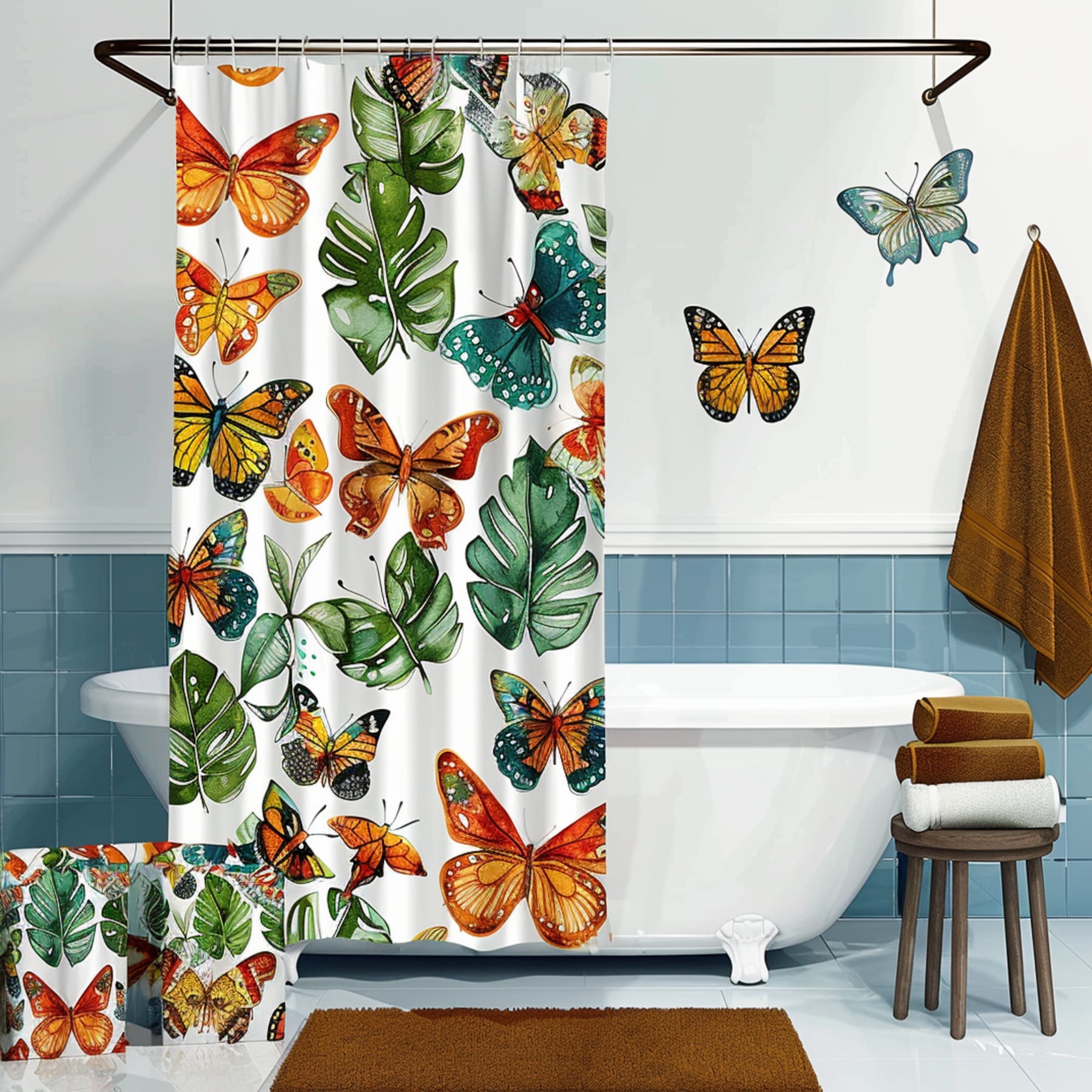 NatureInspired Butterfly and Moth Bathroom Accessories Set with Bright Colors and Leaves Shower ...