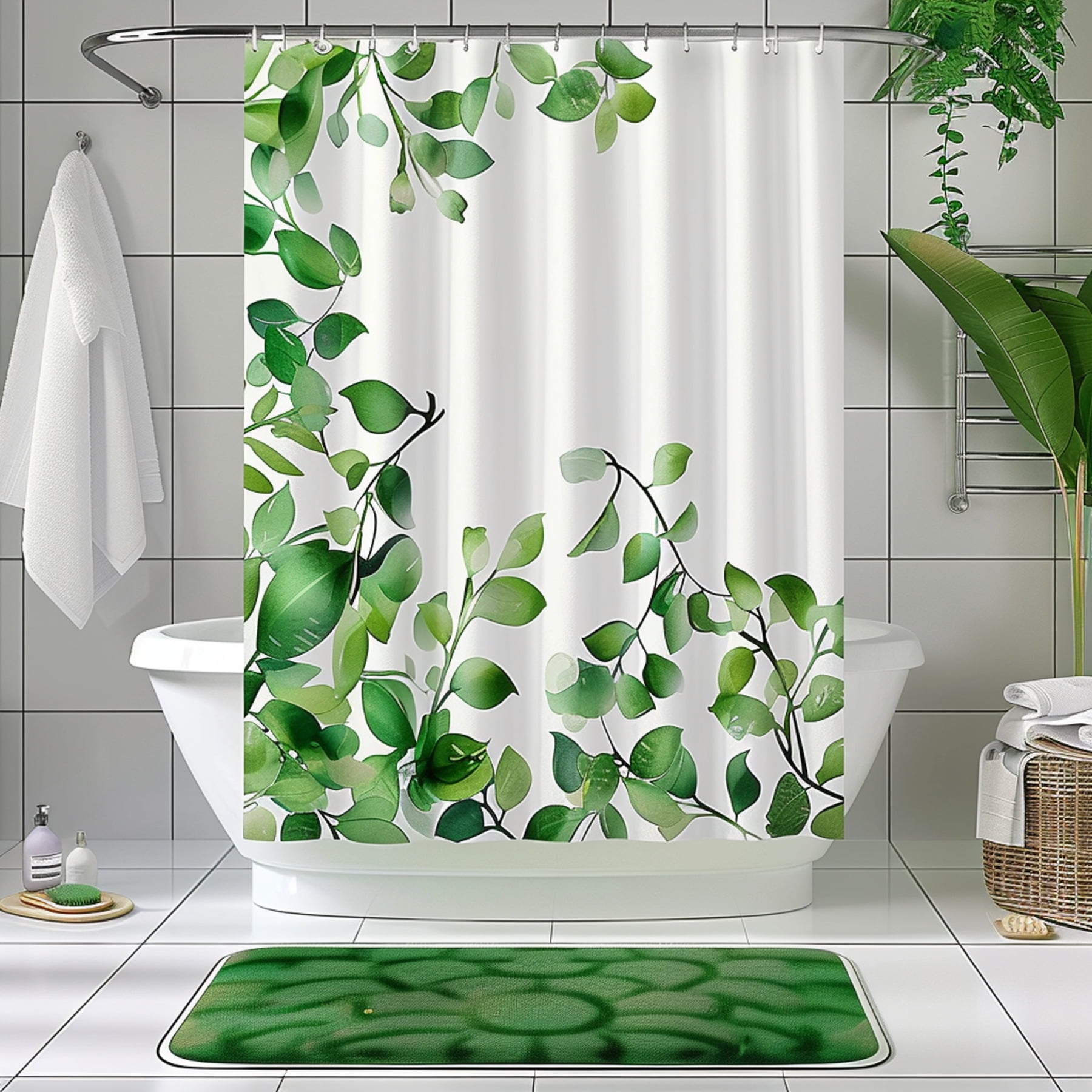 NatureInspired EcoFriendly Bathroom Set: Green Leaves White Tiles ...