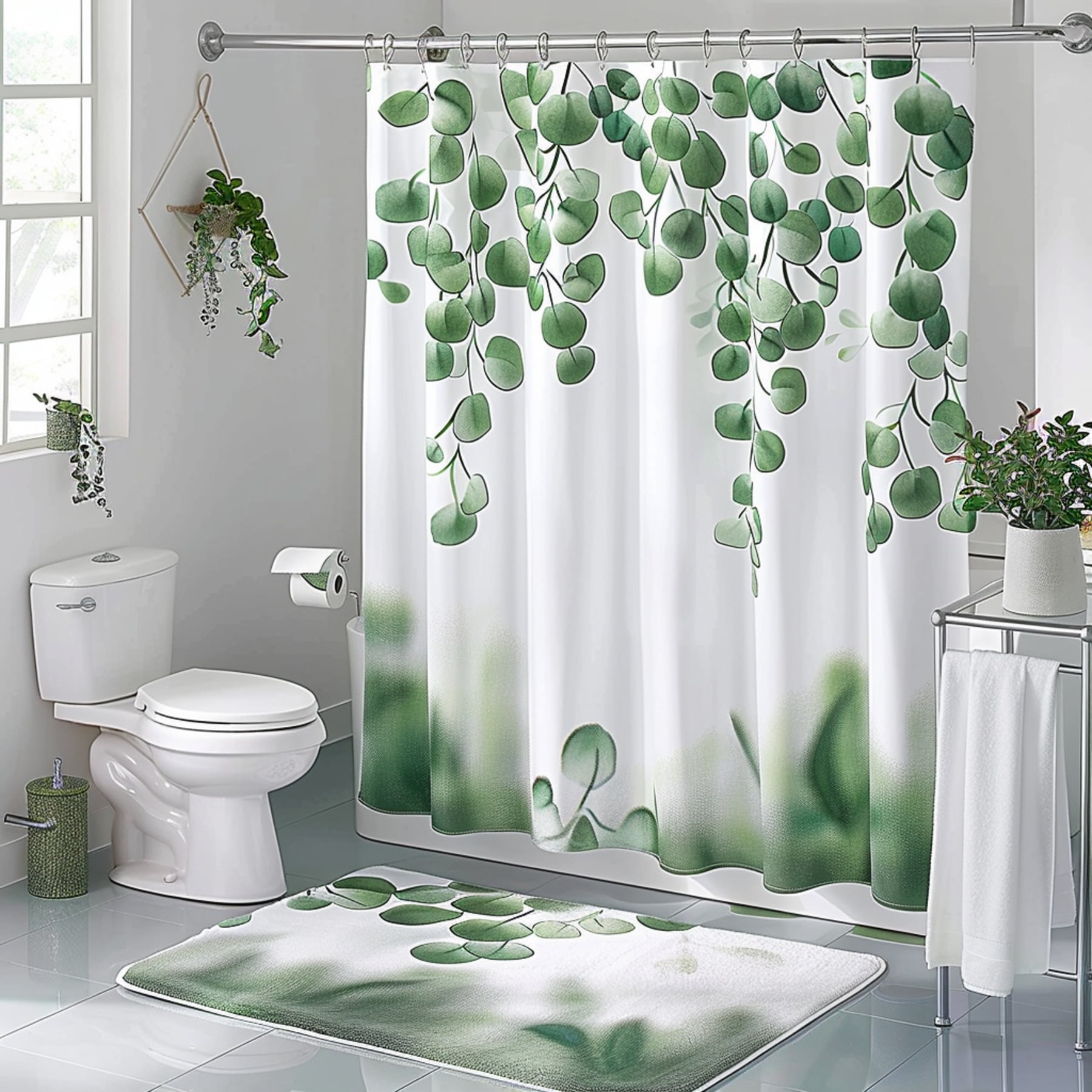 NatureInspired Eucalyptus Shower Curtain Set White and Green Leaves