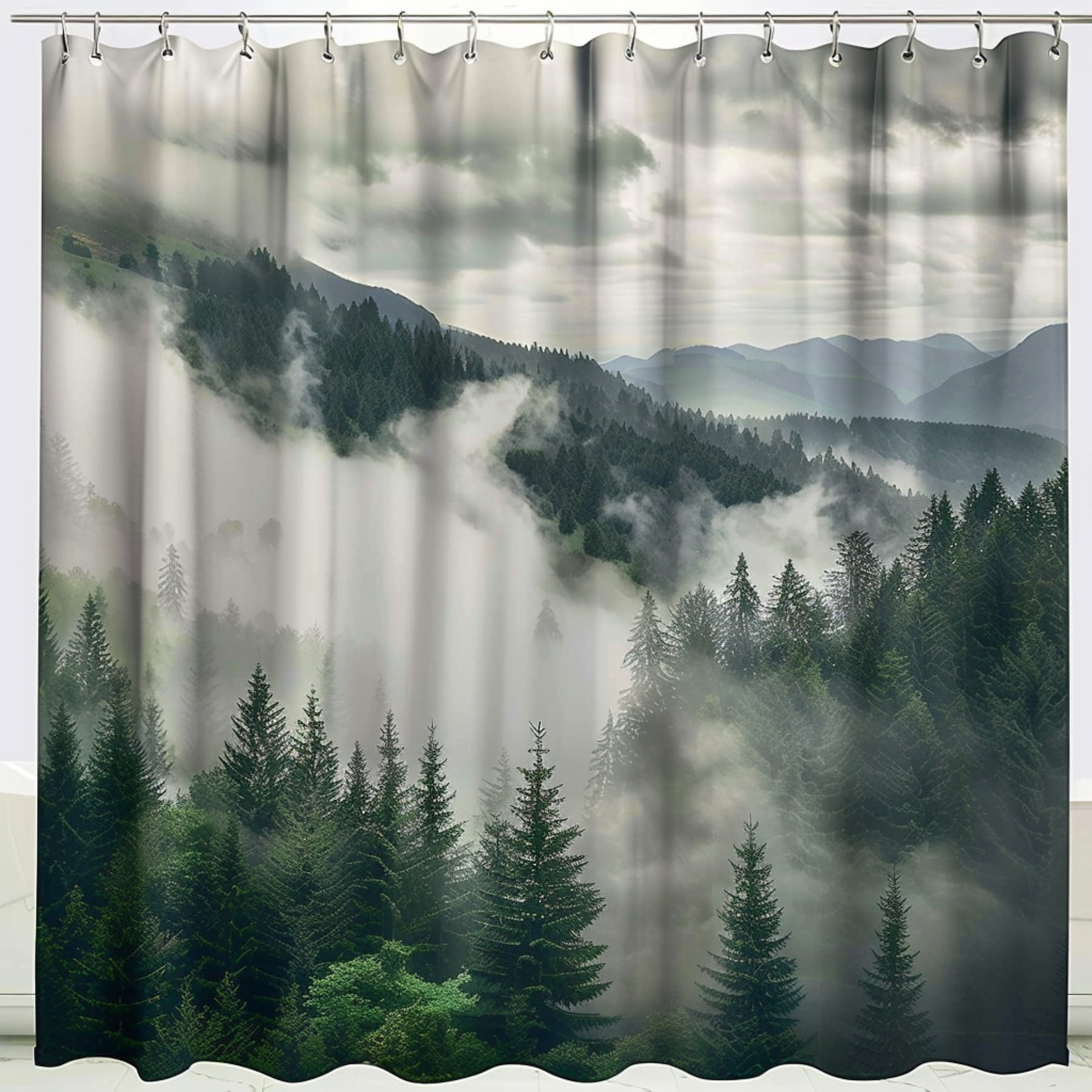 NatureInspired Foggy Forest Shower Curtain Ultra Realistic Design with Green Trees and Mountains