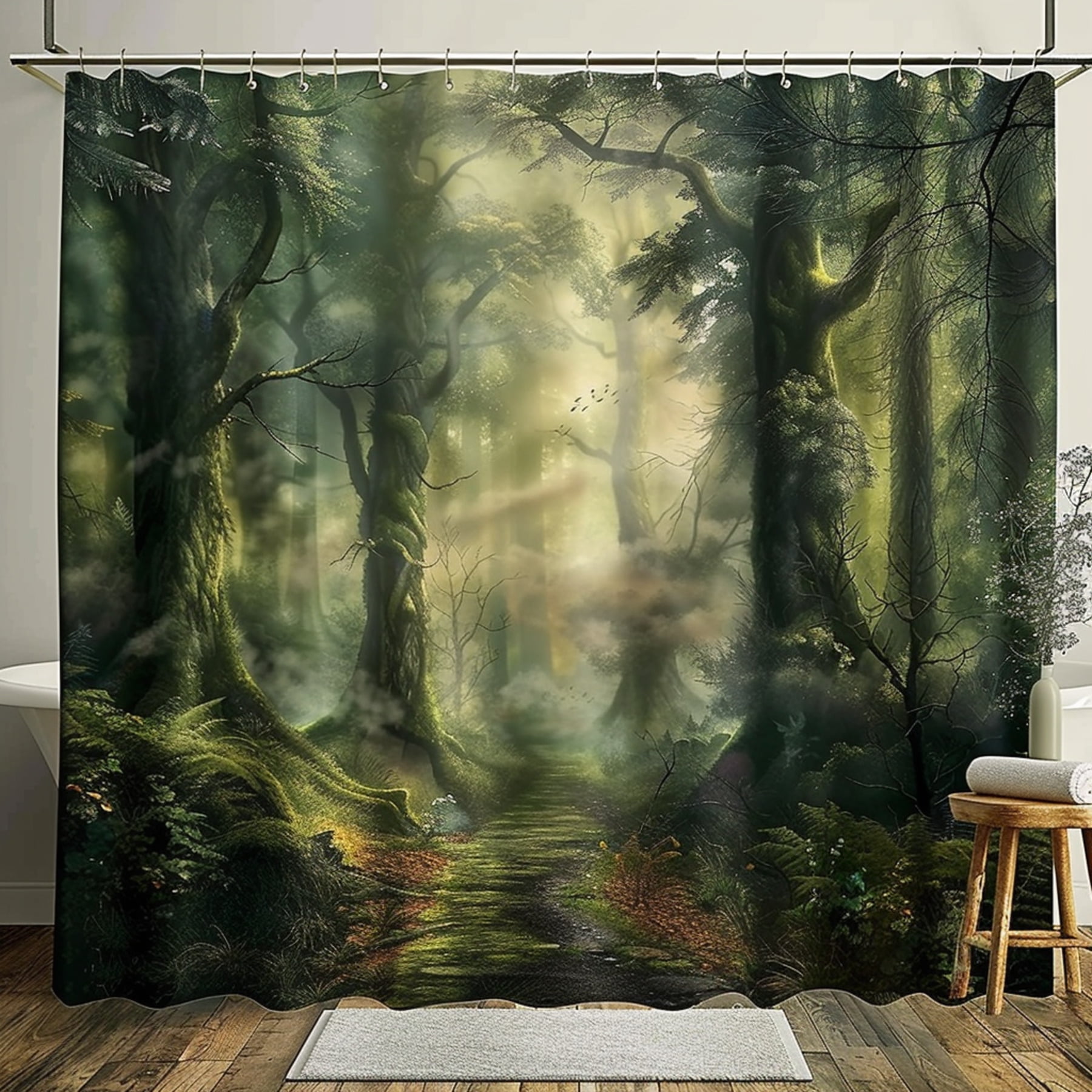 NatureInspired Forest Scene Shower Curtain Hyper Realistic Design Green