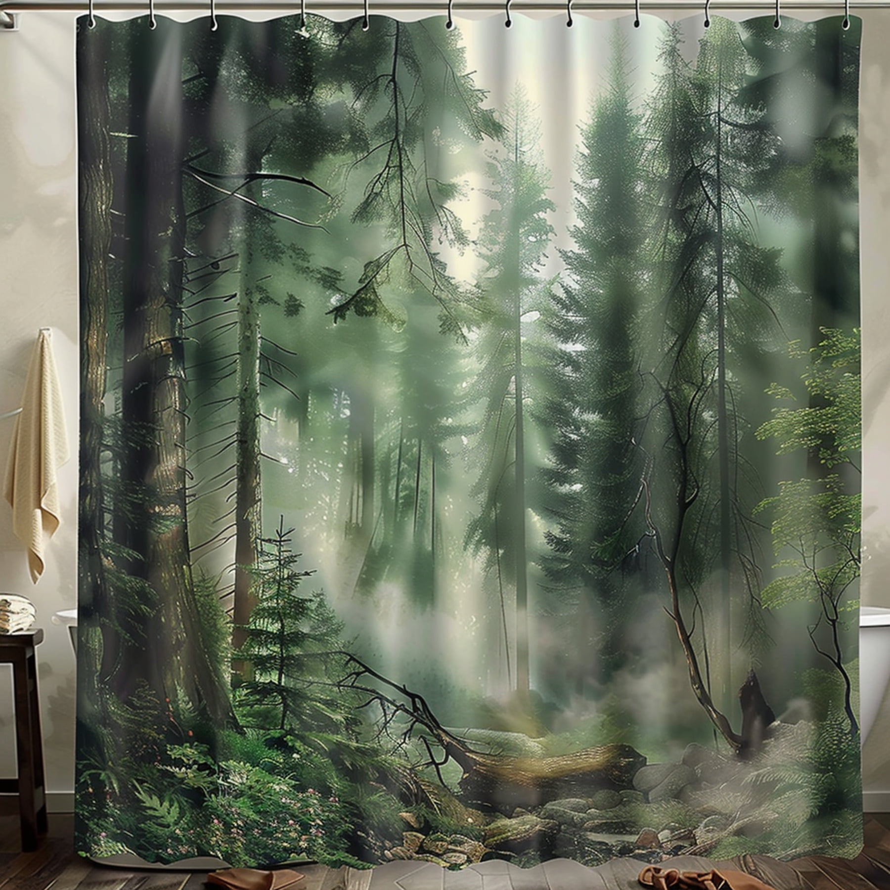 NatureInspired Forest Scene Shower Curtain with Towering Trees and Lush
