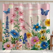 NatureInspired Garden Bliss Shower Curtain Vibrant Blue Butterflies Pink Daisies Sunflowers and Roses on Light Pink Background Create a Romantic and Happy Atmosphere in Your Bathroom