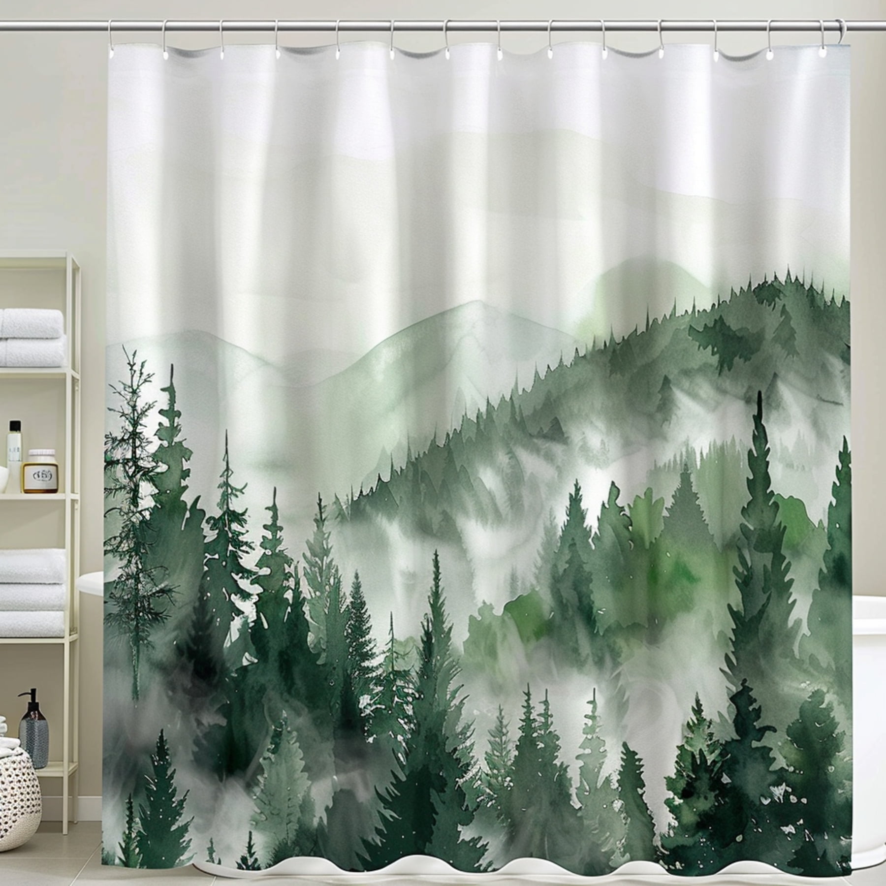 NatureInspired Green Pine Forest Watercolor Shower Curtain White Fabric ...