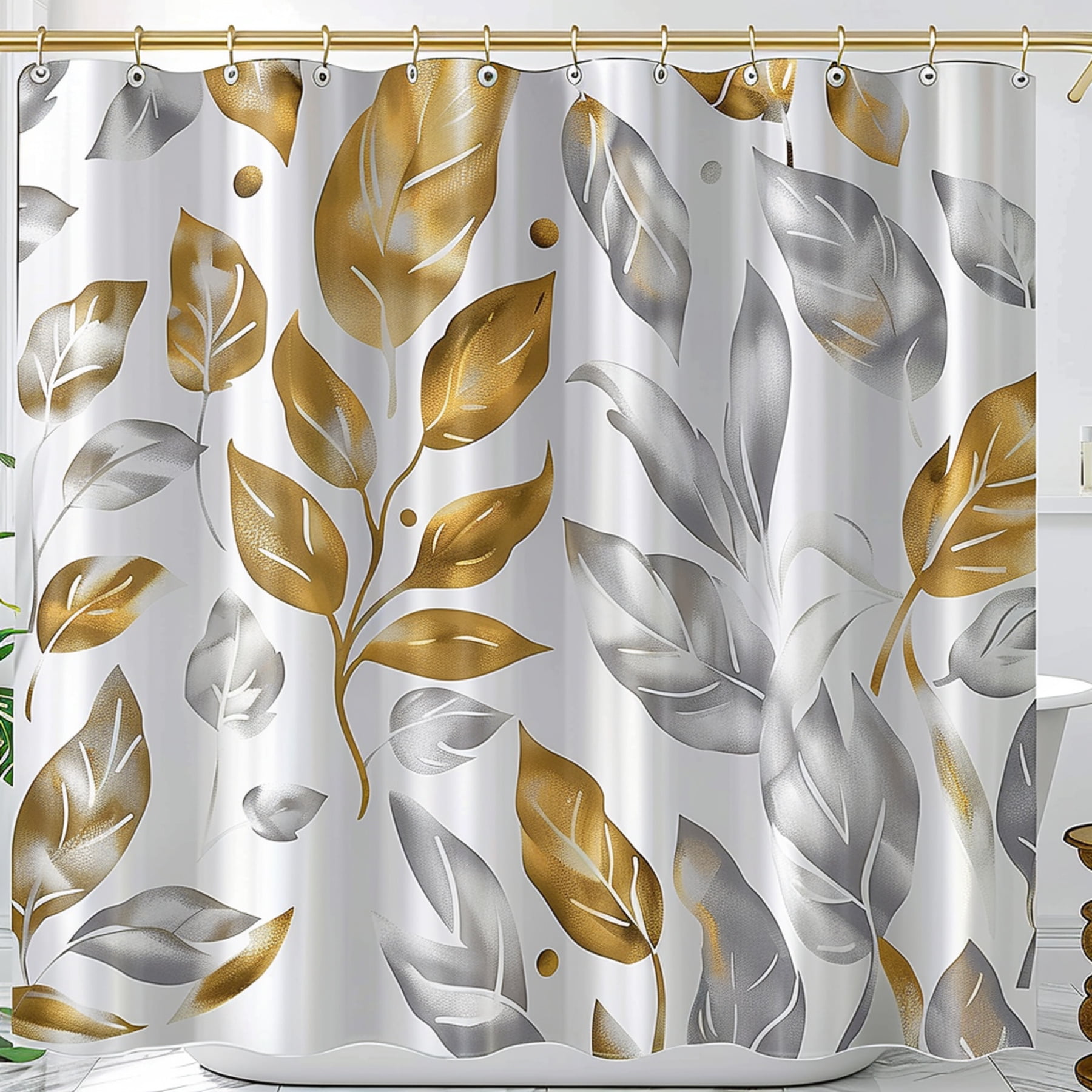 NatureInspired Grey & Gold Leaves Shower Curtain Elegant White ...