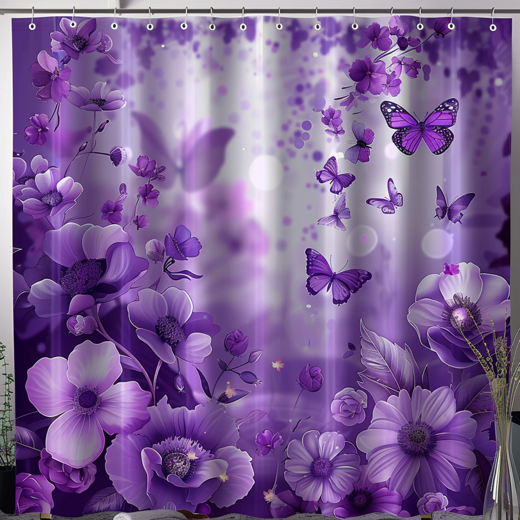 NatureInspired Purple Floral Butterfly Shower Curtain Home Decor ...