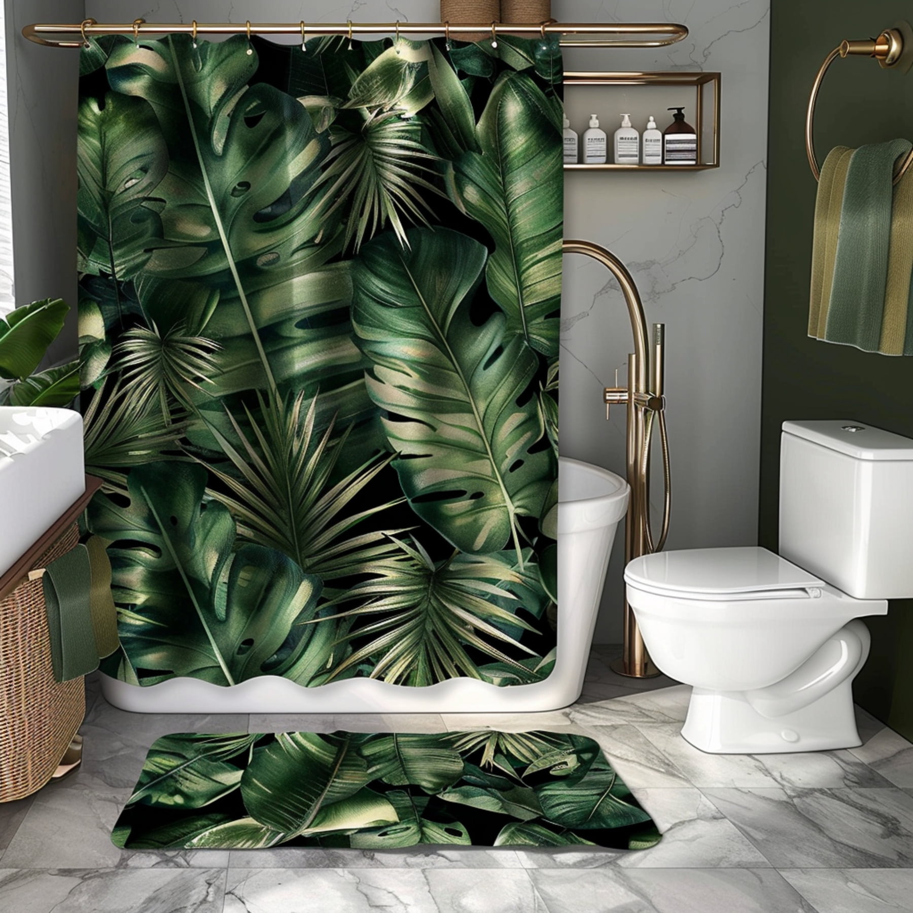 NatureInspired Tropical Rainforest Bathroom Decor Set with Dark Green