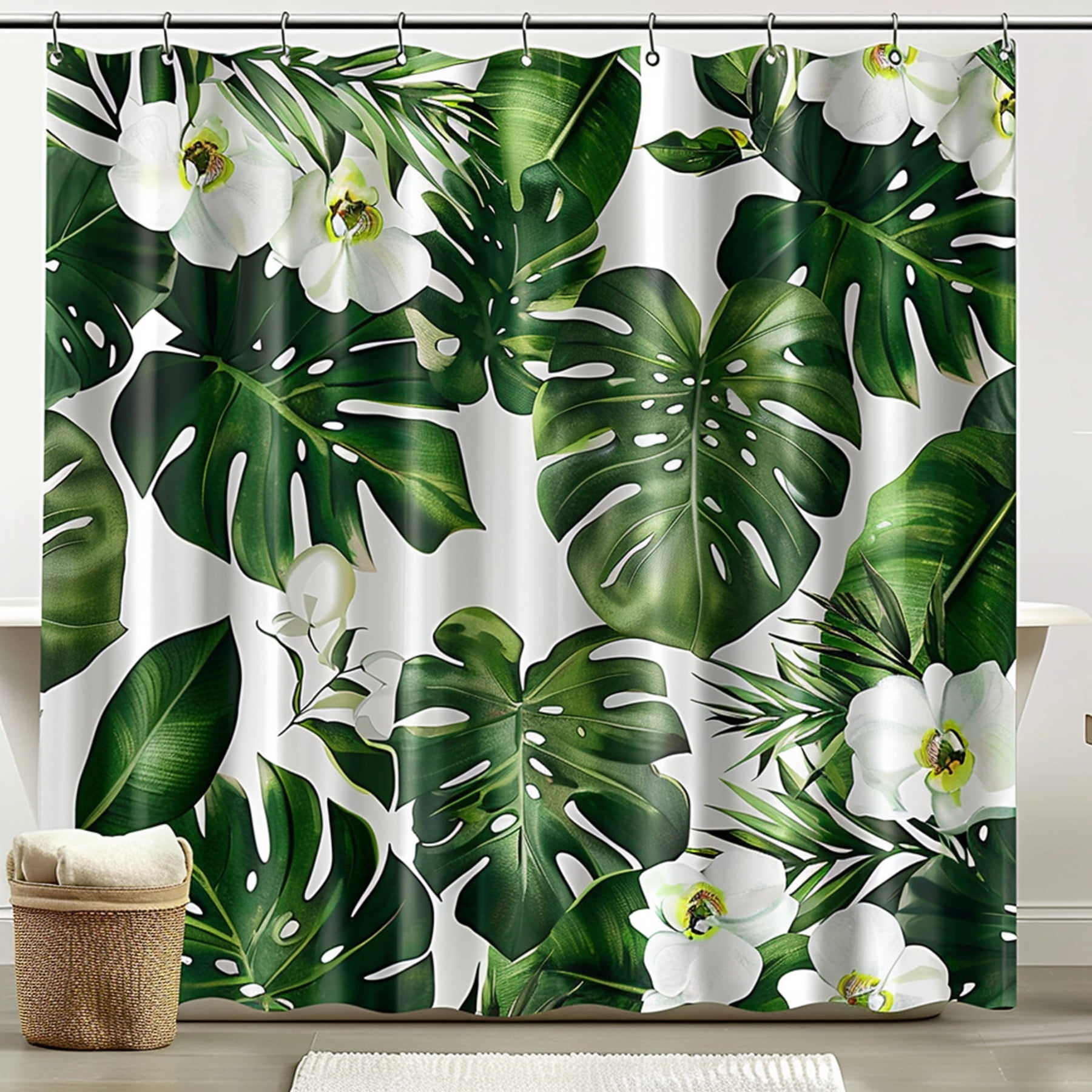 NatureInspired Tropical Rainforest Shower Curtain with White Orchid and