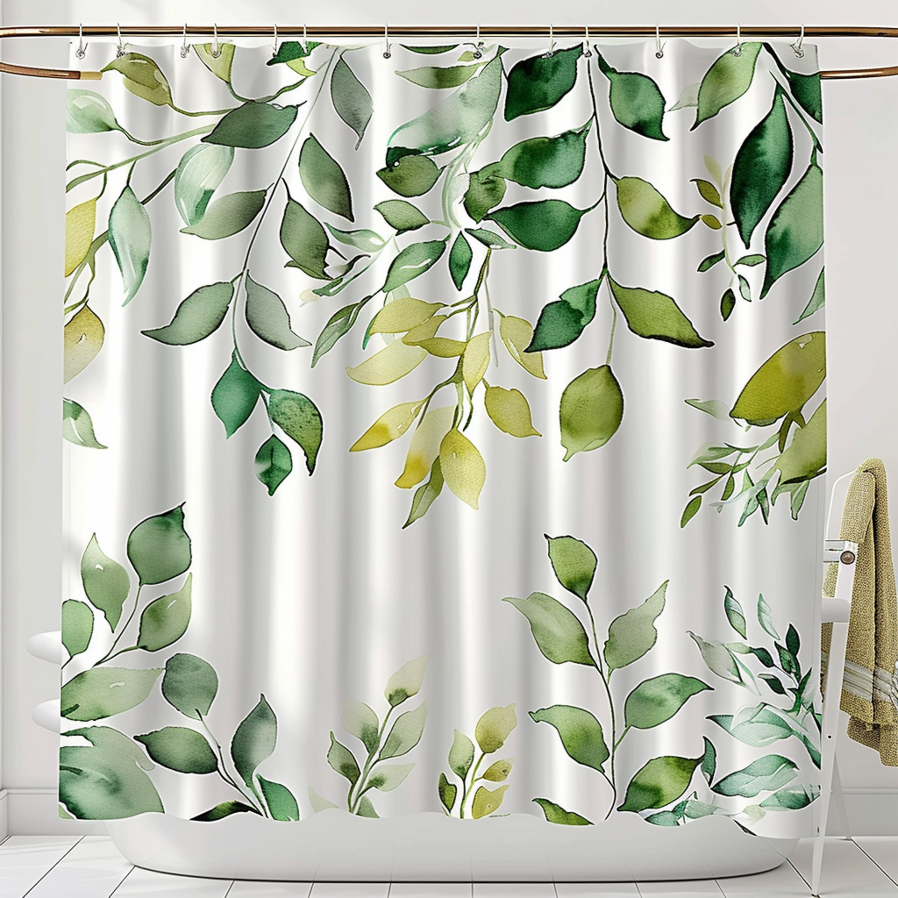 NatureInspired Watercolor Botanical Shower Curtain Green & Yellow