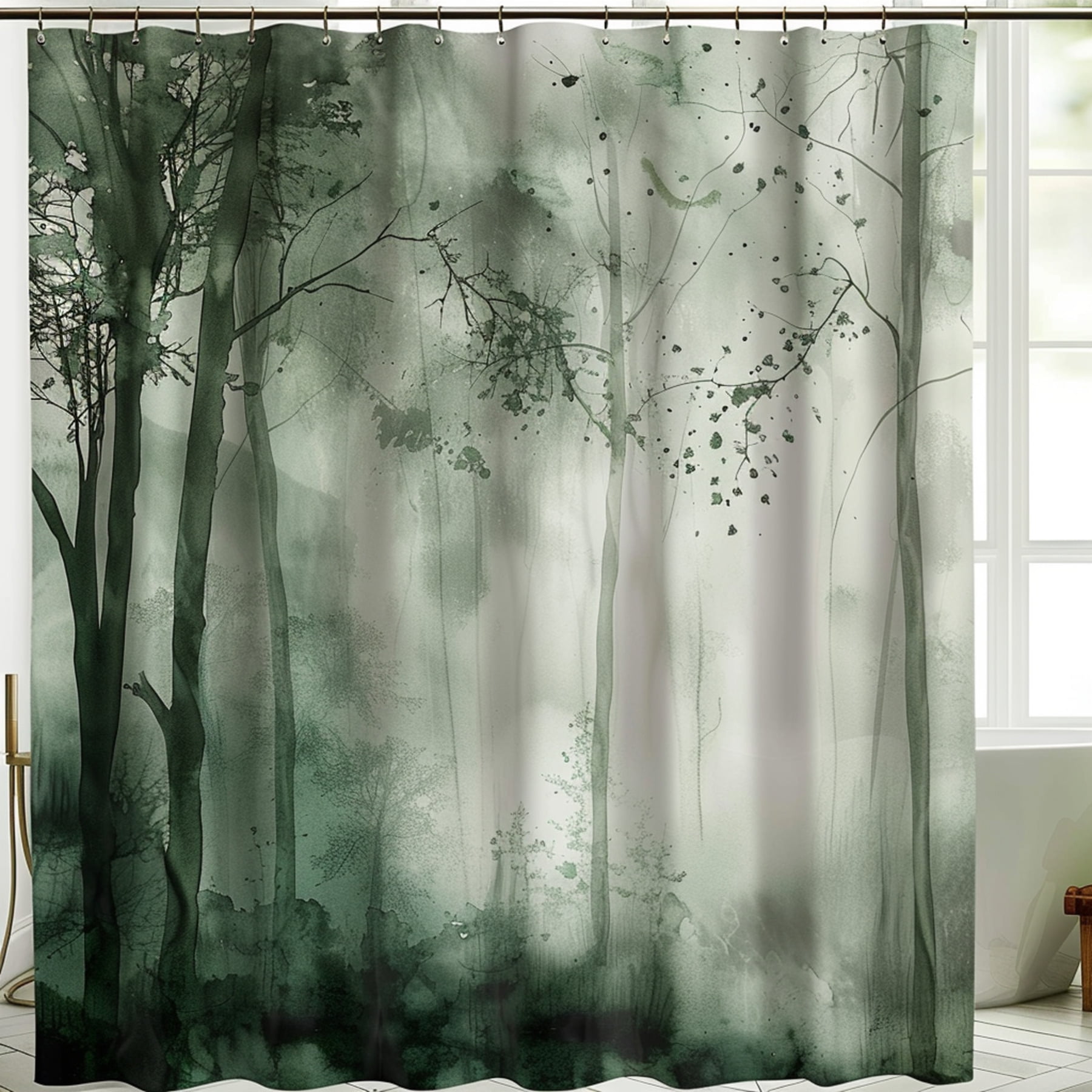 NatureInspired Watercolor Foggy Forest Shower Curtain in Green and Gray for Modern Bathroom