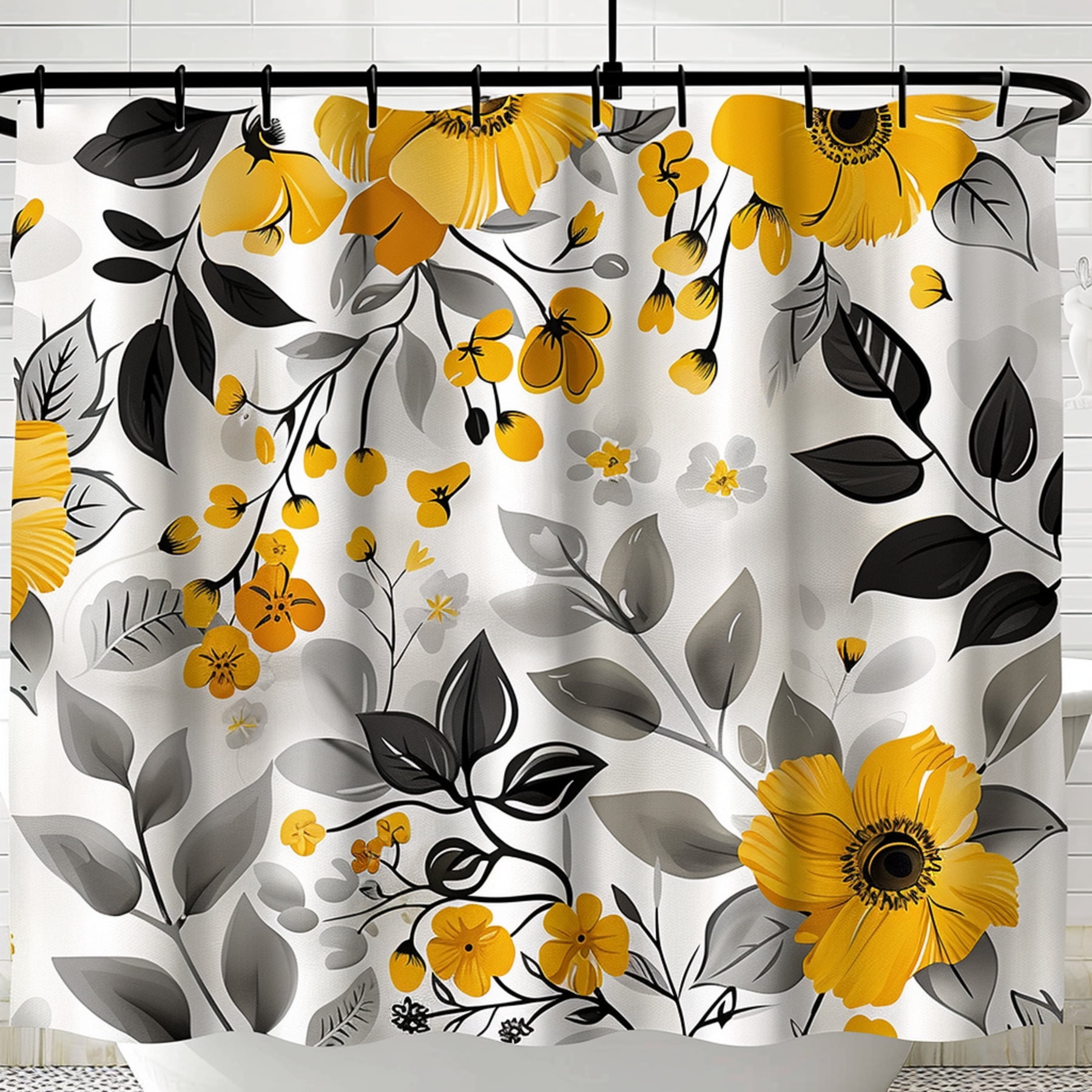 NatureInspired Yellow and Gray Floral Shower Curtain with Black Accents
