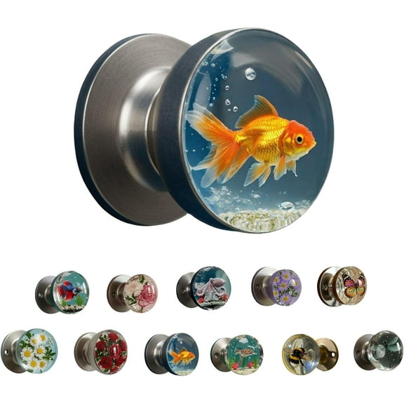 NatureNest Crystal Knob, Houtndguter Unique Decorative Door Handle, Universal Round Resin Glass Door Knobs, Retro Floral & Animal Designs (Goldfish)