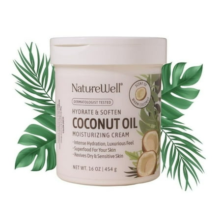 NATUREWELL Hydrate & Soften Coconut Oil Moisturizing Cream for Face, Body, & Hands, Non-Greasy, Intense Hydration & Luxurious Feel, Revives Dry & Sensitive Skin, Superfood for Your Skin, 16 Oz