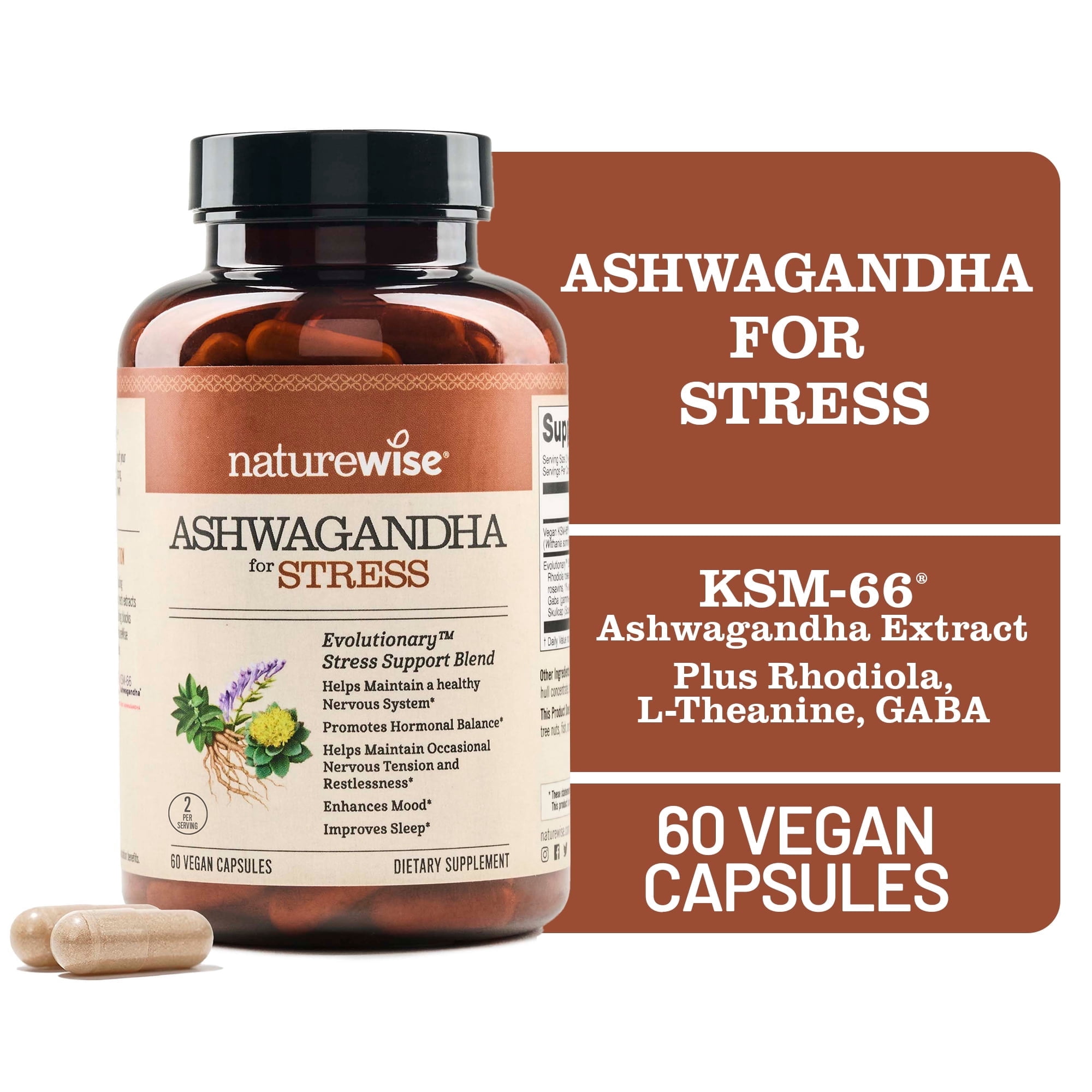 NatureWise Ashwagandha for Stress + GABA & L-Theanine - 60 Capsules[30-Day Supply]