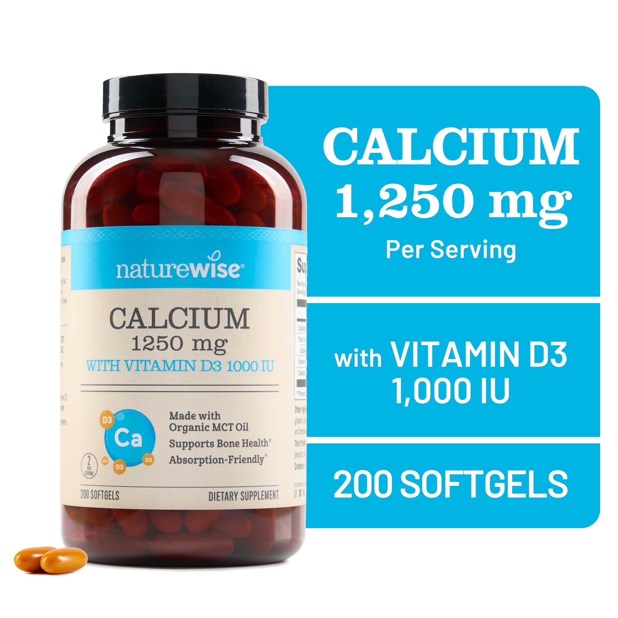 NatureWise Calcium 1250mg + D3 1000IU + Organic MCT Oil - 200 Softgels[100-Day Supply]