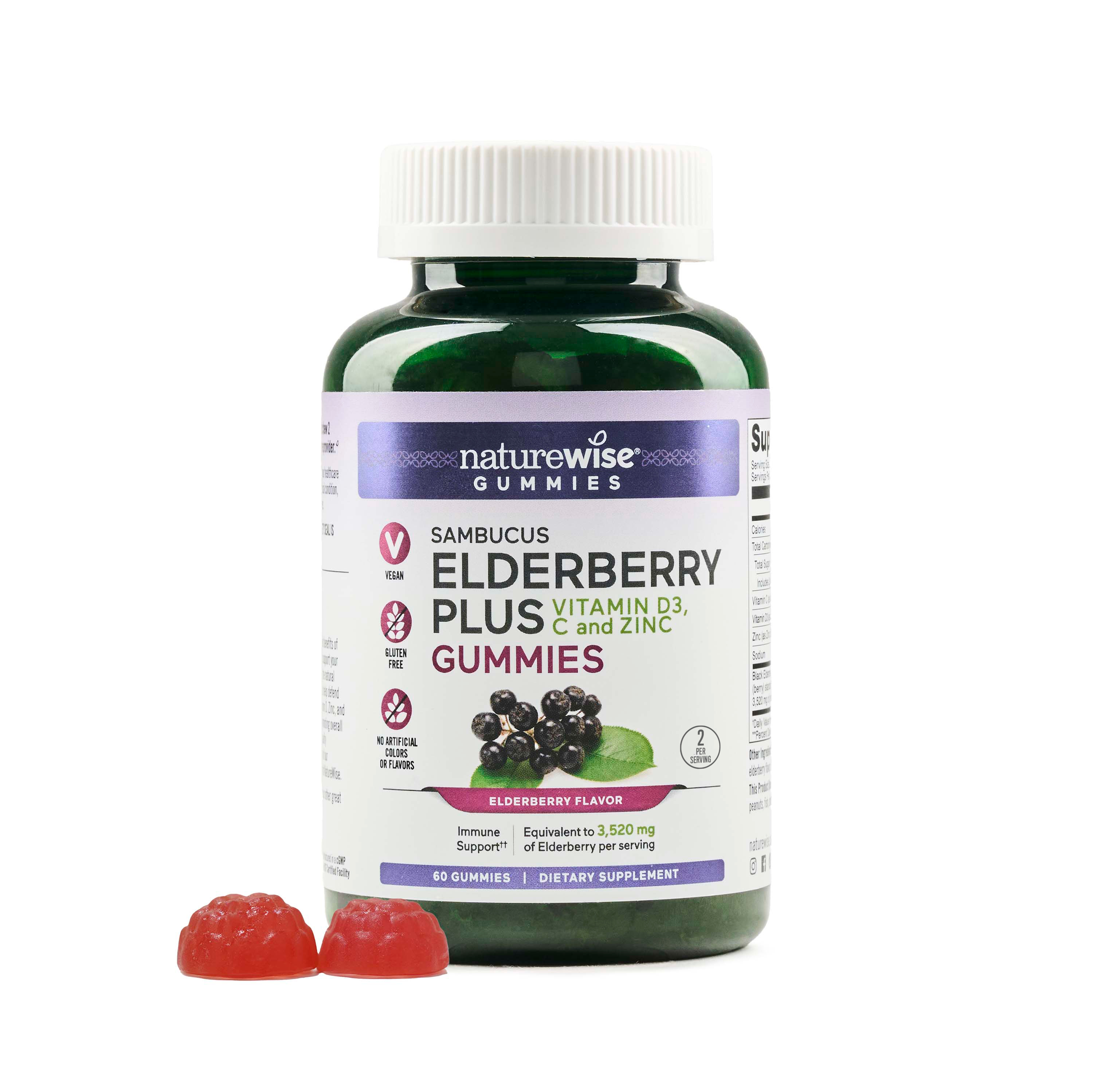 NatureWise Elderberry Gummies with Vitamin C + D3 + Zinc - Equivalent to 3,250mg Premium Sambucus Elderberries - Immune Support for Kids* & Adults - Vegan, Non-GMO - 60 Count[1-Month Supply]