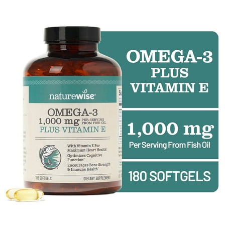 NatureWise Omega 3 Fish Oil 1000mg   Vitamin E - Wild-Caught - 180 Softgels[90-Day Supply]