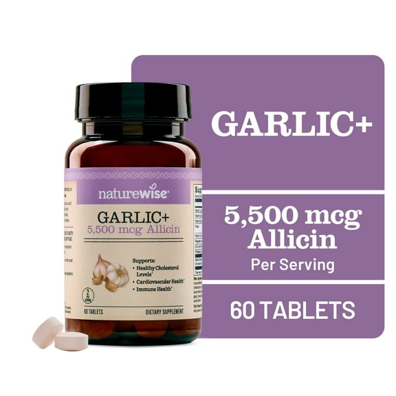 NatureWise Garlic Extract Supplement - Healthy Cholesterol & Blood Pressure Formula + B Vitamins, C, 5500mcg Allicin - Vegan Tablets w/Enteric Coating, Non-GMO, Gluten-Free, 60 Count [30-Day Supply]