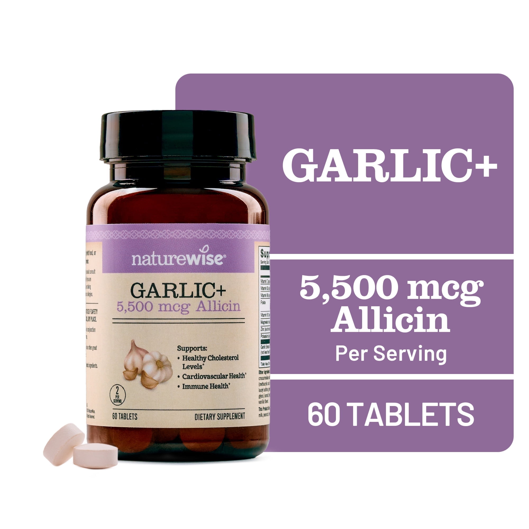 NatureWise Garlic Extract Supplement - Healthy Cholesterol & Blood Pressure Formula + B Vitamins, C, 5500mcg Allicin - Vegan Tablets w/Enteric Coating, Non-GMO, Gluten-Free, 60 Count [30-Day Supply]