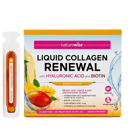 NatureWise Hydrolyzed Liquid Collagen for Women & Men 4000mg - No Added Sugar - Multi Collagen Peptides + Biotin + Vitamin C + Vitamin B Complex & Hyaluronic Acid - Mango - 30 Tubes[30 Day Supply]