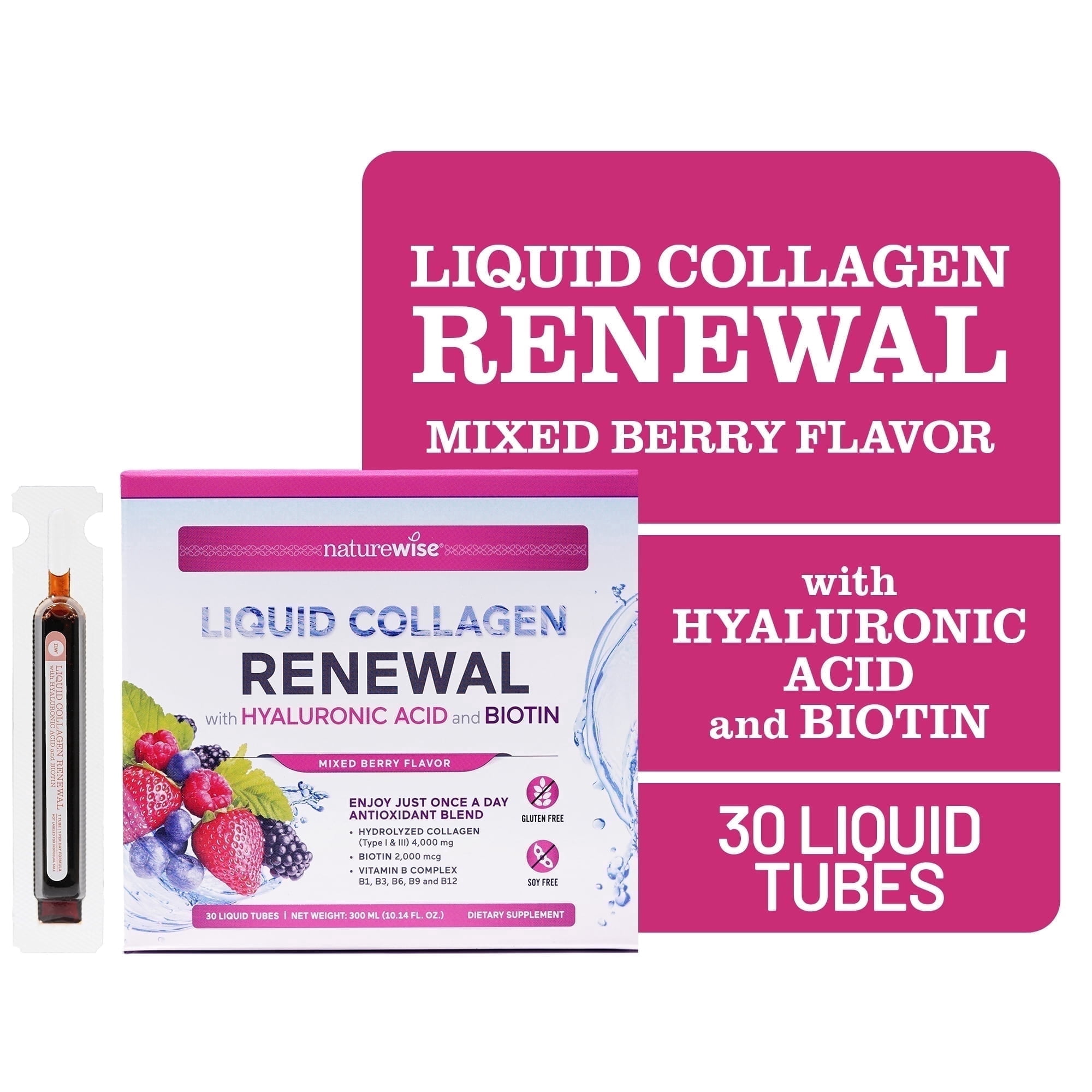 NatureWise Hydrolyzed Liquid Collagen + Biotin + Vitamins - 30 Tubes[30 Day Supply]