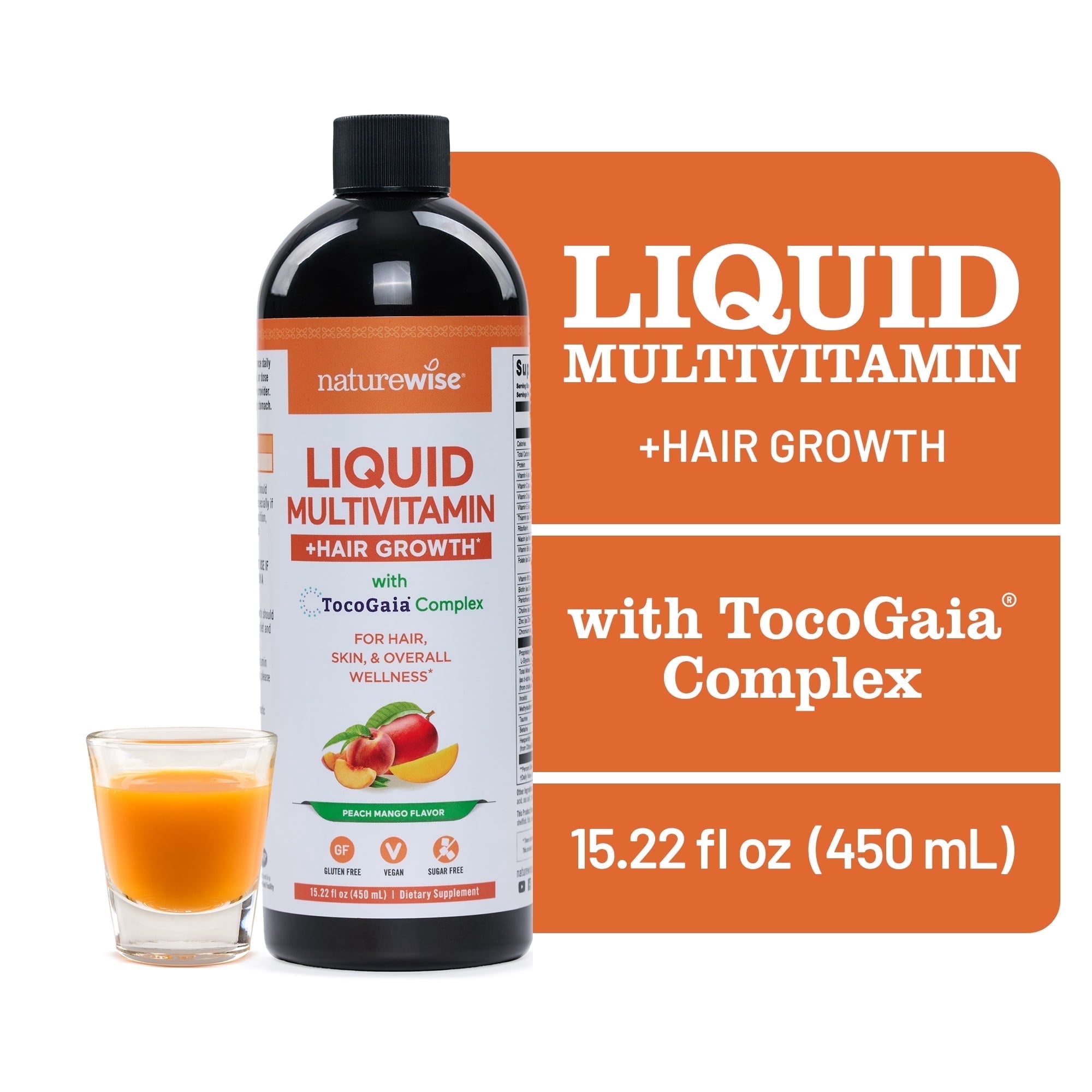 NatureWise Liquid Multivitamin Hair Growth - Sugar Free Peach Mango - 15 floz[15 Servings]